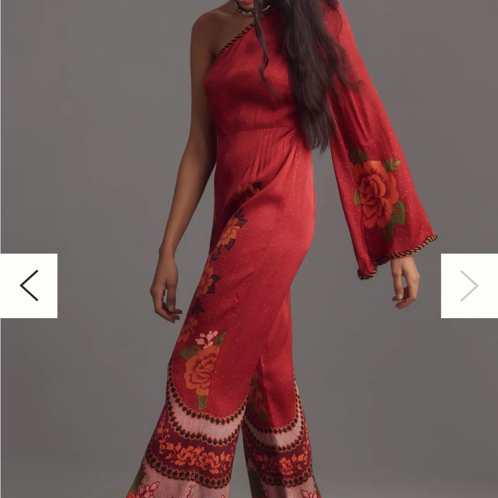 Farm Rio x Anthropologie One Shoulder printed satin jumpsuit